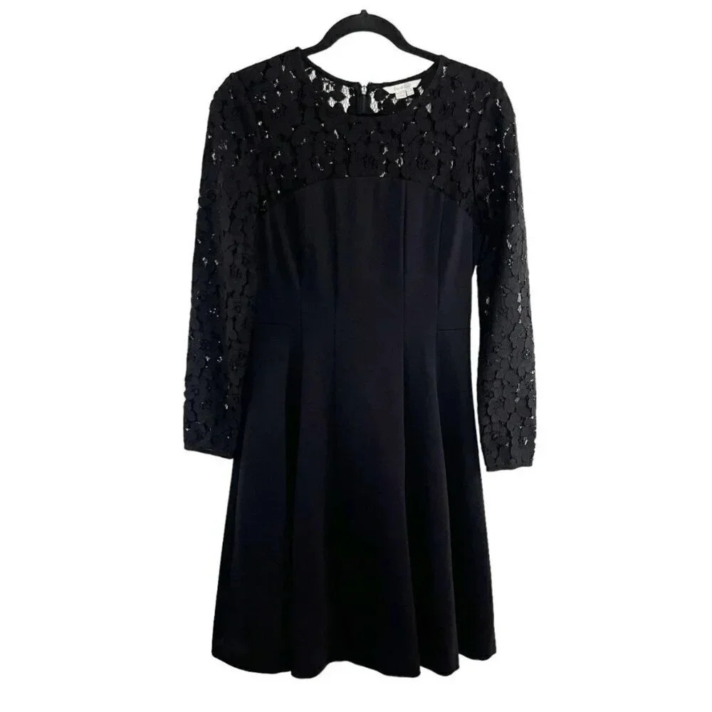 Boden Black Fit and Flare Midi Dress with Lace Sleeves Women's US Size 6 Regular
